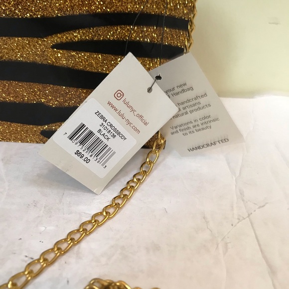 Lulu NYC NEW Zebra Acrylic Box Clutch Glitter Crossbody Shoulder Bag Gold Black - Picture 9 of 16